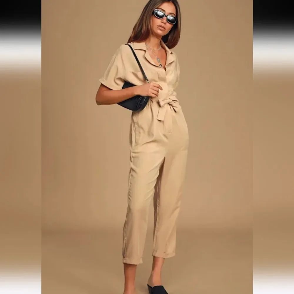 Astr Miri Classic Sand Beige Jumpsuit Linen Lyocell Blend Size L